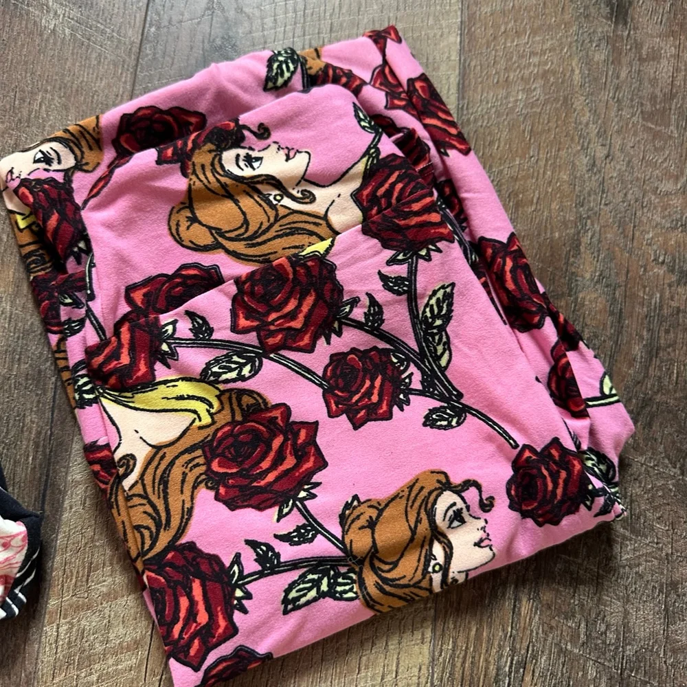 Girls LuLaRoe Pink Belle & Black Toy Story Leggings set 2